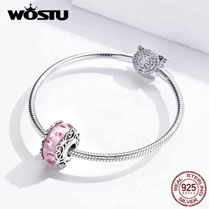 WOSTU подлинный 925 пробы серебряный розовый сердце к сердцу Подвеска из стеклянных бусин подходит браслет и ожерелье для женщин CQC1283
