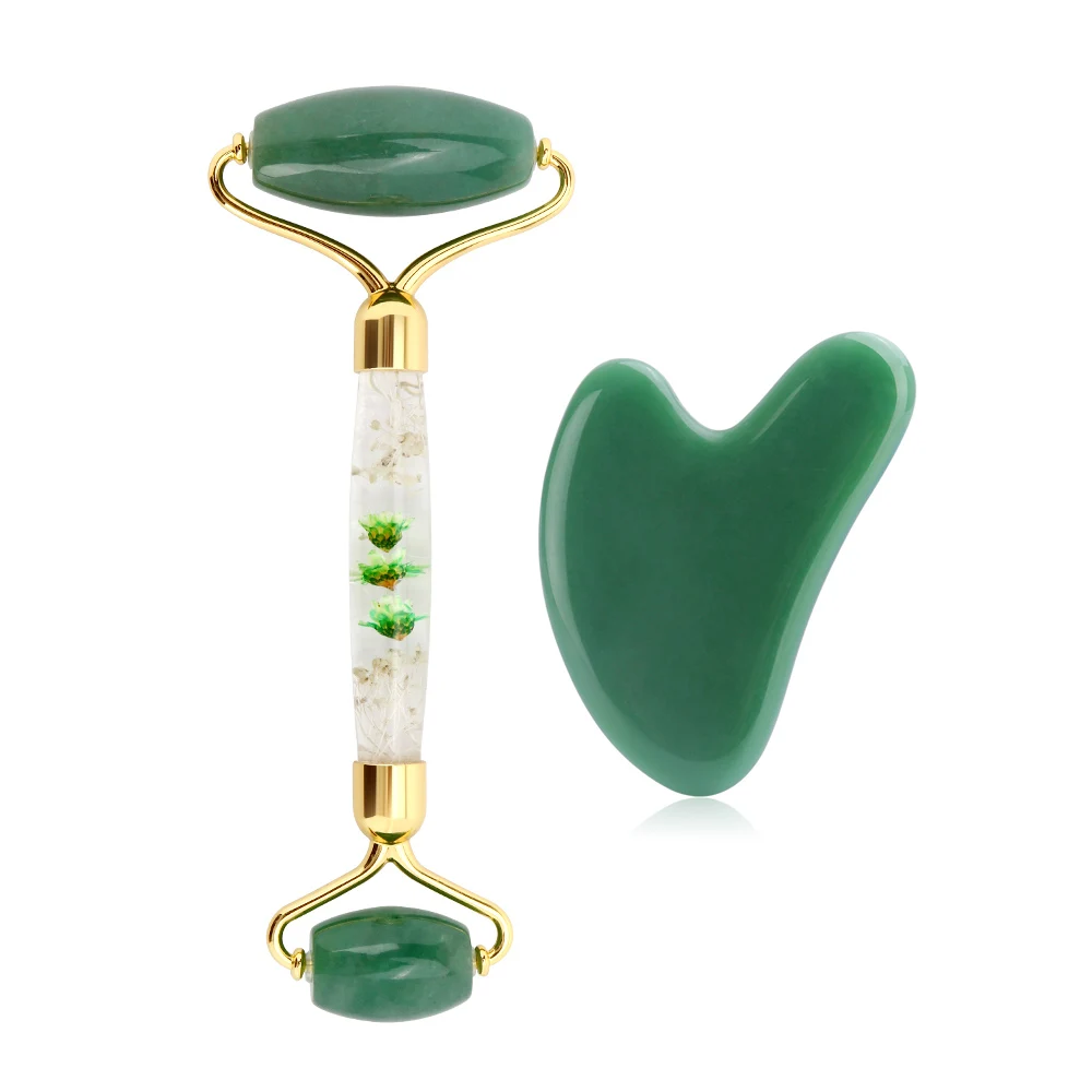 

Aventurine Jade Roller Flower Pole Roller Face Lifting Massager Facial Manual Massage Roller Heart-shaped Guasha Set Anti-wrink