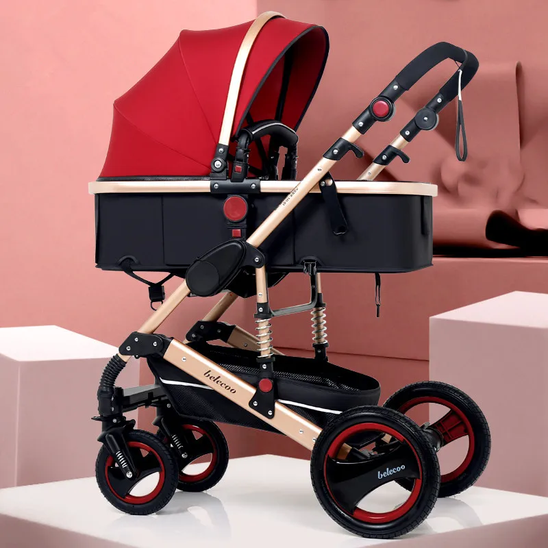 4Rubberwheel 14 Высокая пейзажная детская коляска 3 в 1, портативная Роскошная детская коляска с автокреслом, популярная розовая коляска для мамы, коляска для путешествий, 8 бесплатных подарков - Цвет: 4Rubberwheel 14