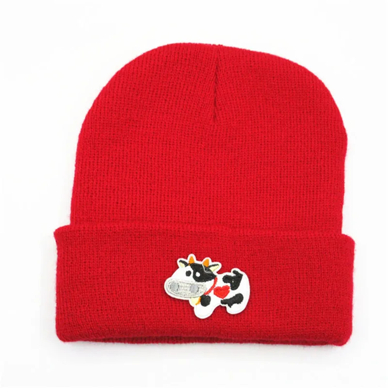 Толстая вязаная шапка с вышивкой животных коровы зимняя теплая Skullies бини для