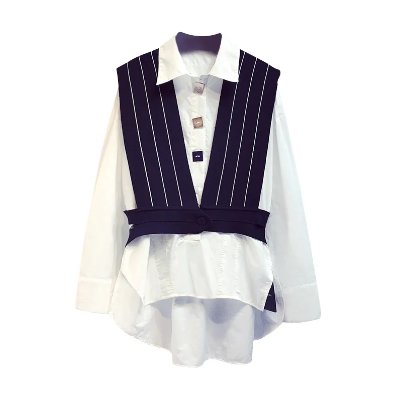 

IEQJ 2021 Spring White Shirt And Vest Two Piece Suit Loose Medium Length Long Sleeve Shirt For Women New Fashion Tide 3GD230