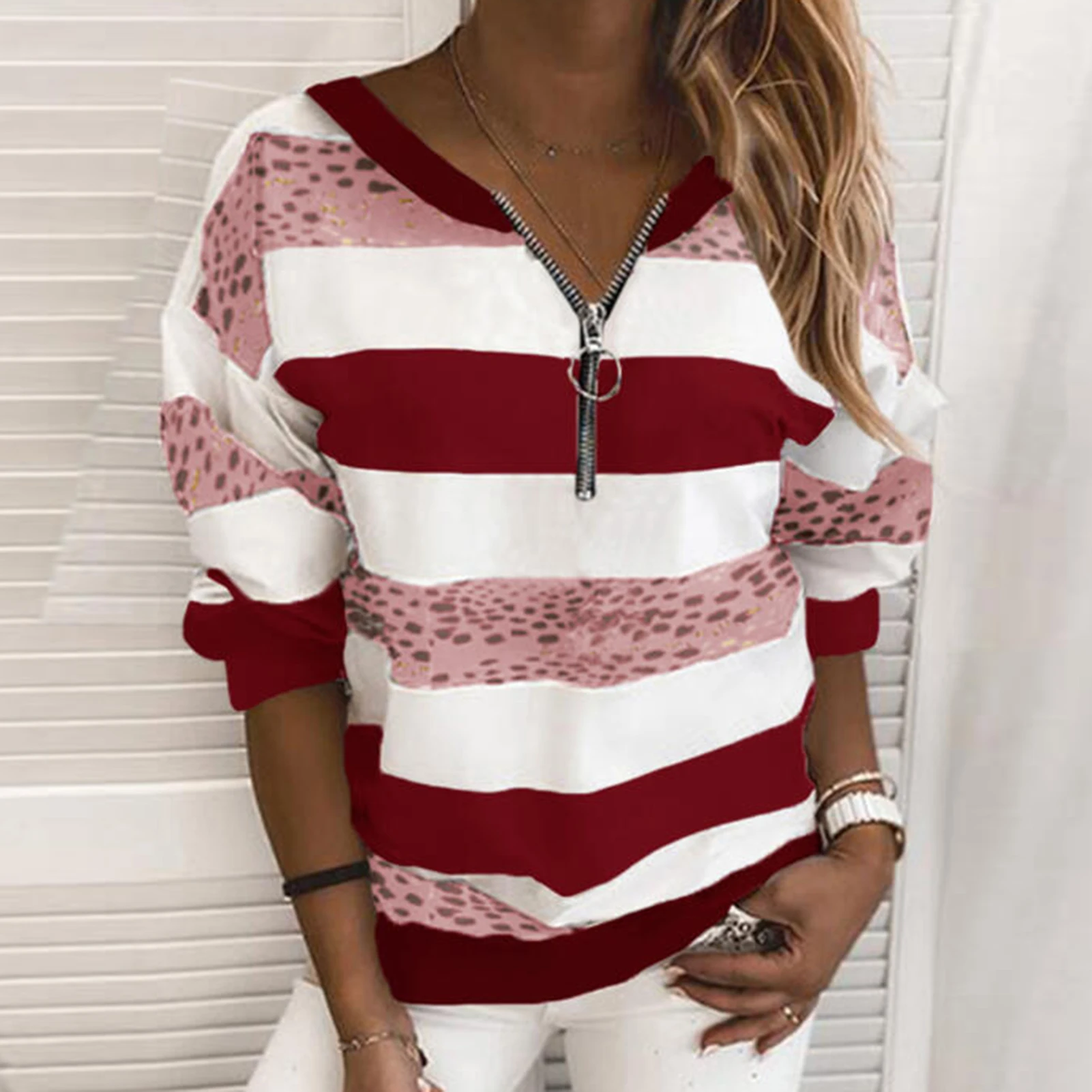 Hoodies Women Stripe Leopard Patchwork Sweatshirt Zipper Long Sleeve Blouse Pullover Women's Clothing Street wear толстовка 2021