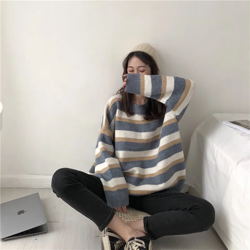 Корейский шикарный винтажный вязаный свитер в полоску с длинными рукавами стиле