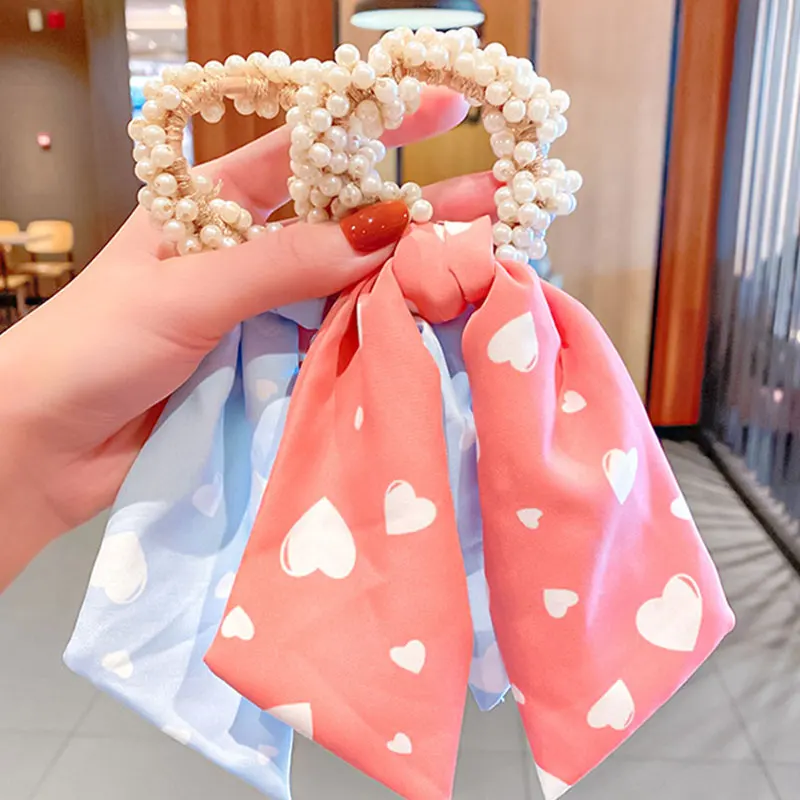 

Fashion Sweet Elegant Long Streamer Pearl Ribbon Scrunchies Elastic Hair Band Women Girls Hair Bands Hair Accessories Hair Ties