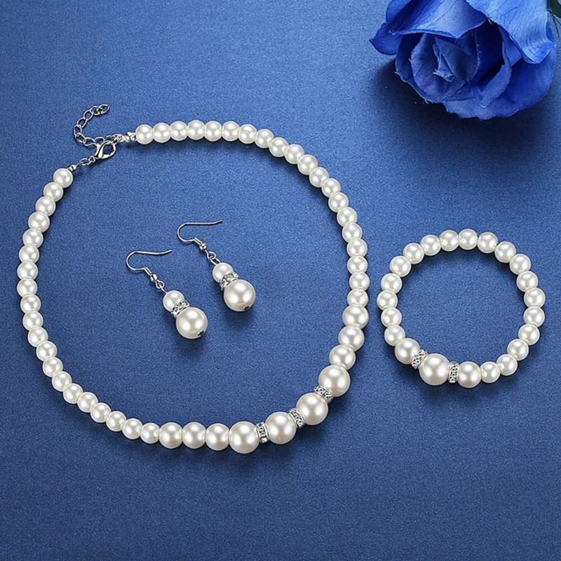 

Elegant White Faux Pearl Necklace Earrings and Bracelet Pearl Beaded Chain Drop Earrings Costume Jewelry Set for Women