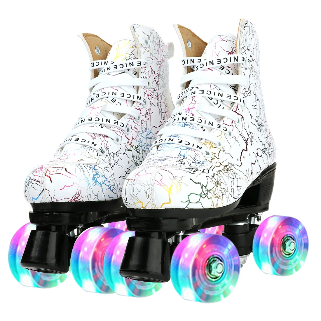 Pu Leather Roller Skates Shoes With Flash Pu Wheel Brake Fashion Patines Lace-Up Sneaker Double Row Adult Women Patins 36-45