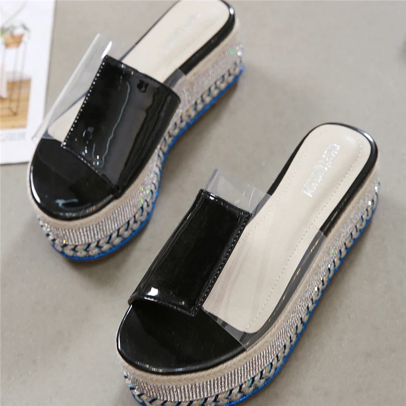 Новинка 2020 года женские босоножки на танкетке с кристаллами высоком каблуке 6 5 см