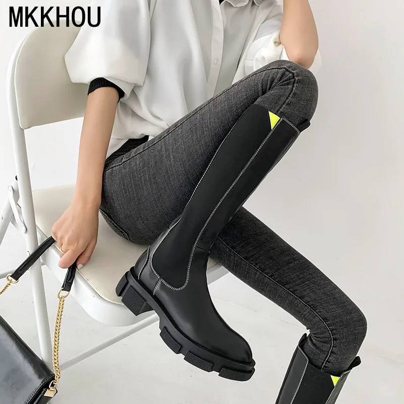 

MKKHOU Fashion Knee-high Boots Women's New Winter Genuine Leather Round Toe Comfortable Thick-soled Boots Stretch Chelsea Boots