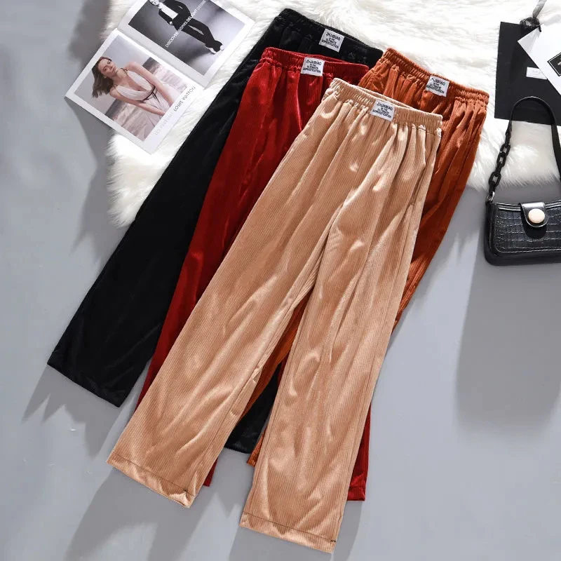 

Zoki Winter Women Corduroy Pants Vintage Elastic High Waist Loose Large Size Thick Warm Letter Straight Trousers Black Fall Pant