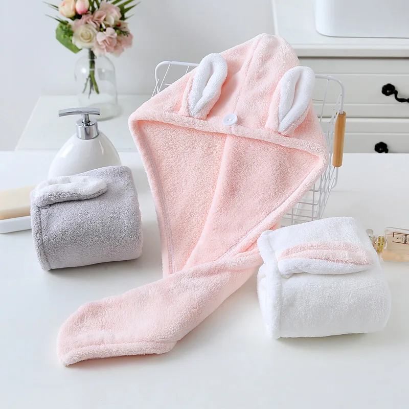 

New Shower Cap Towel Rabbit Ear Coral Fleece Dry Hair Cap Absorbent Soft Polyester Fiber Headband Shower Cap Quick-Drying Towel