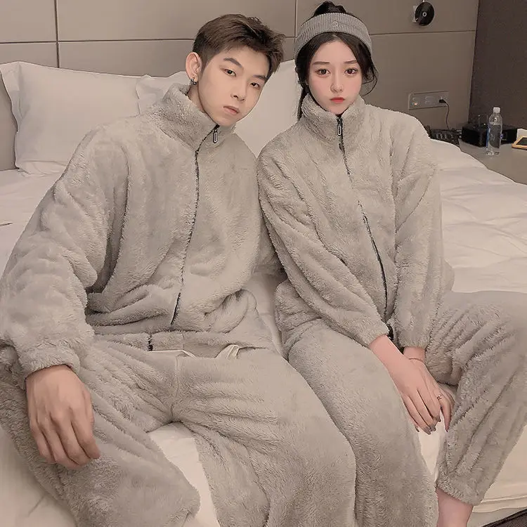 Version of The Couple Pajamas Female Autumn and Winter Loose Coral Velvet Warm Thickened Facecloth Men's Home Furnishing Suit