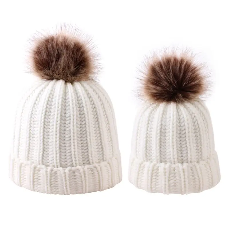 1-2 шт, мать и ребенок, одежда для ребенка Шапки теплые зимние вязаные шапочки кепки Мама Детские шапочки, вязанные крючком - Цвет: 53-White