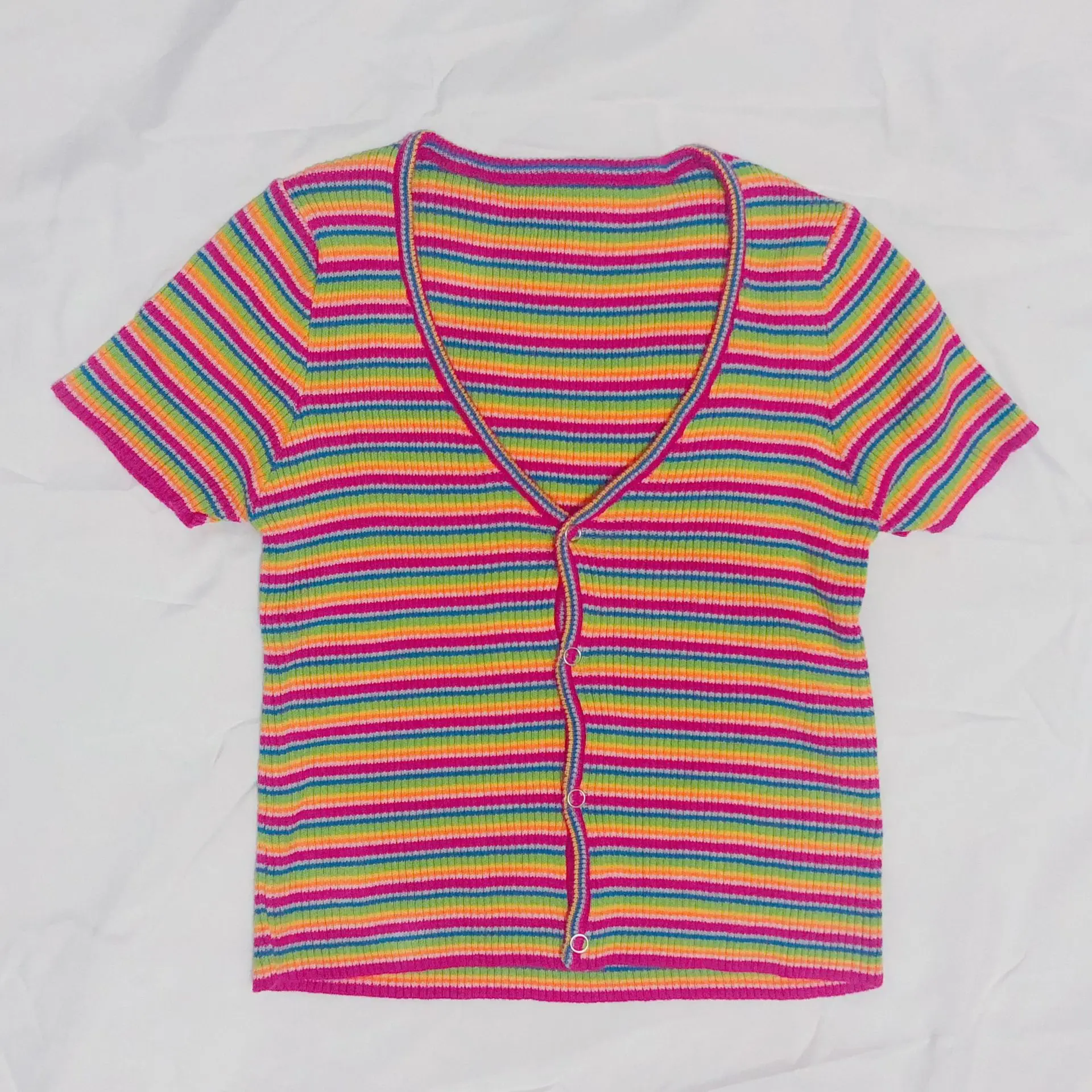 Kpop 4Minute Kim Hyun A same Rainbow color Трикотажная футболка с коротким рукавом женская летняя сексуальная тенниска с треугольным вырезом корейские футболки топы