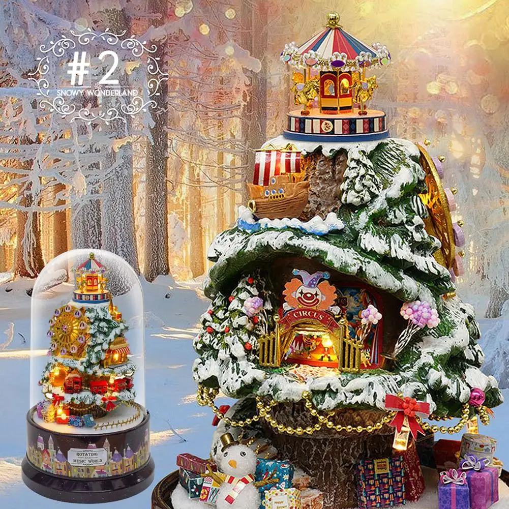 

Music Dollhouse Rotating Cabin DIY Doll House with Transparent Cover Music Box for Children Christmas Gift