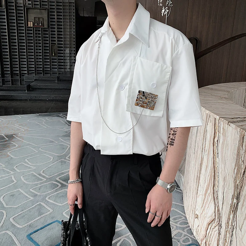 

Summer Short-sleeved Shirt Men Metal Decorative Design Shirt Men Camisa Social Masculina Stage Outfit Singer Party Casual Shirt