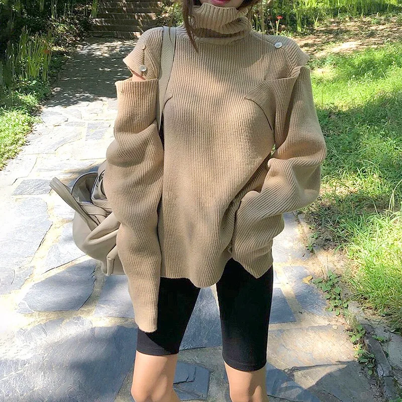 Women Sweater Turtleneck Vintage Hollow Out Sweaters khaki Green Coffee All Match Pullovers 2019 New | Женская одежда