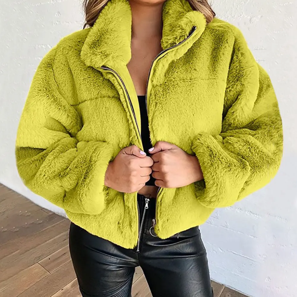 Jocoo Jolee Elegant Plush Crop Jacket Women Casual Faux Fur Coat Winter Tuerleneck Zipper Thicken Warm Outwear Vintage Cardigan