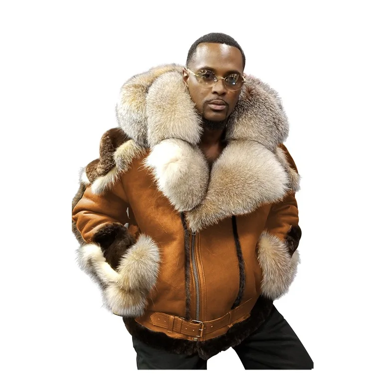 

WEPBEL Men Plus Size Winter Warm Fashion Casual Faux Big Fur Collar Zipper Men's Coat Pu Fur One-Piece Slim Coat