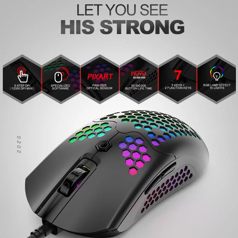 USB игровая мышь 12000 точек/дюйм цветной светильник полый сотовый вес для