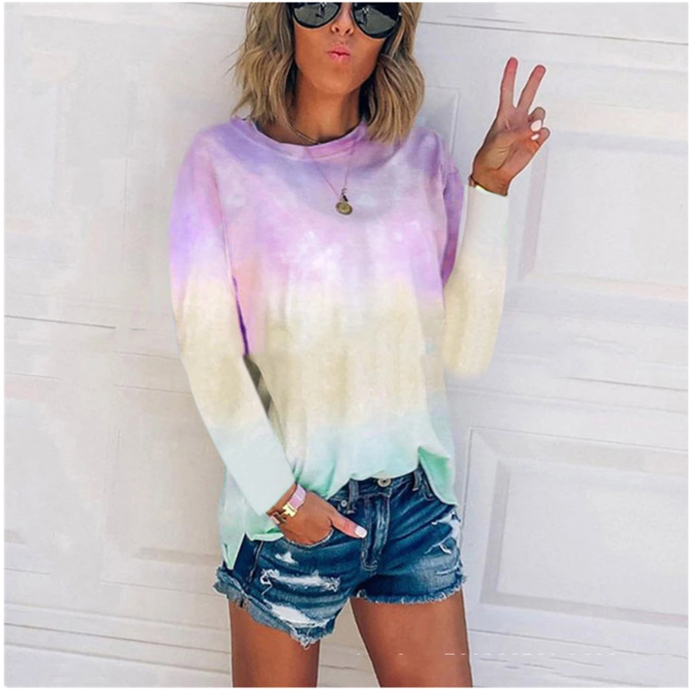 

Women Gradient Color Print Loose Casual Tshirt Autumn Nice Pop Fashion Tie-dye Print O Neck Long Sleeve T-Shirts Plus Size S-3XL