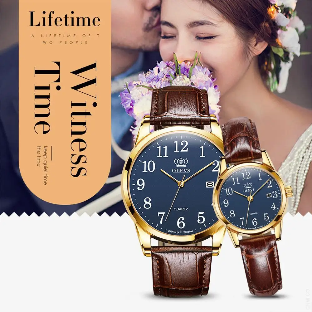 OLEVS Couple Quartz Watch Waterproof Fashion Watches Casual Luxury Dress Genuine Brown Leather  Wristwatch Lover Watch Gifts Set