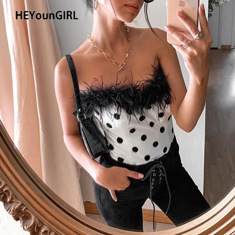 HEYounGIRL Лоскутные перьевые топы, футболки без рукавов, сексуальный укороченный Топ без бретелек, Женский Топ в горошек с открытой спиной, топ-бандо, летний