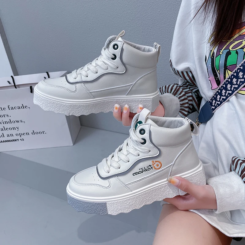 

High-top Shoes Women's Autumn 2021 New Sports Shoes Platform Skateboard Sneakers Tide Korean Casual Flat Student White Shoes