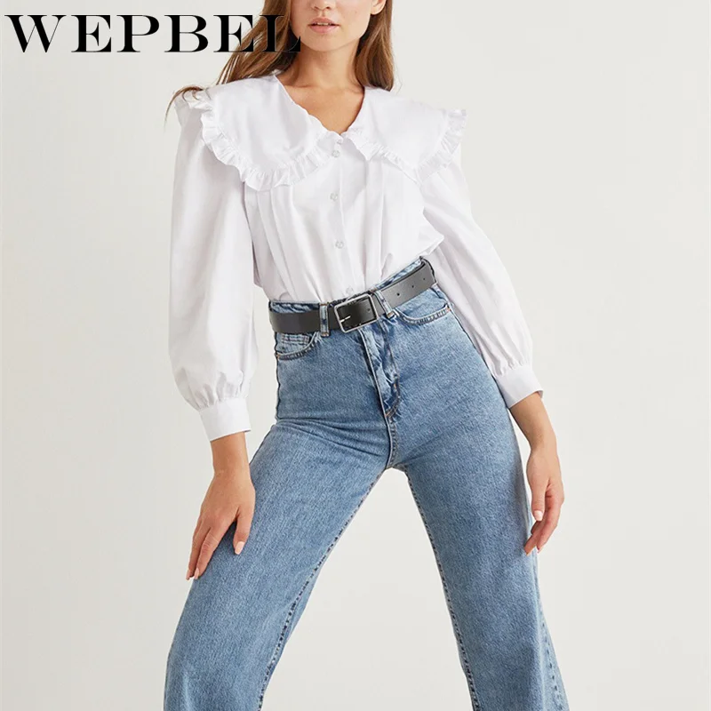 

WEPBEL Spring Women Elegant Loose Single Breasted Blouse Shirt Ladies Long Lantern Sleeve Turn Down Collar Bottoming T-shirt