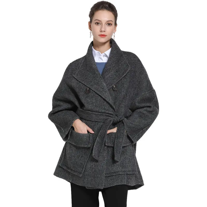 

New Coming Comfy Pure Color Warm Double-sided Striped Short Winter Woman Wool Coat Fashion Female Windproof Solid Long Overcoats