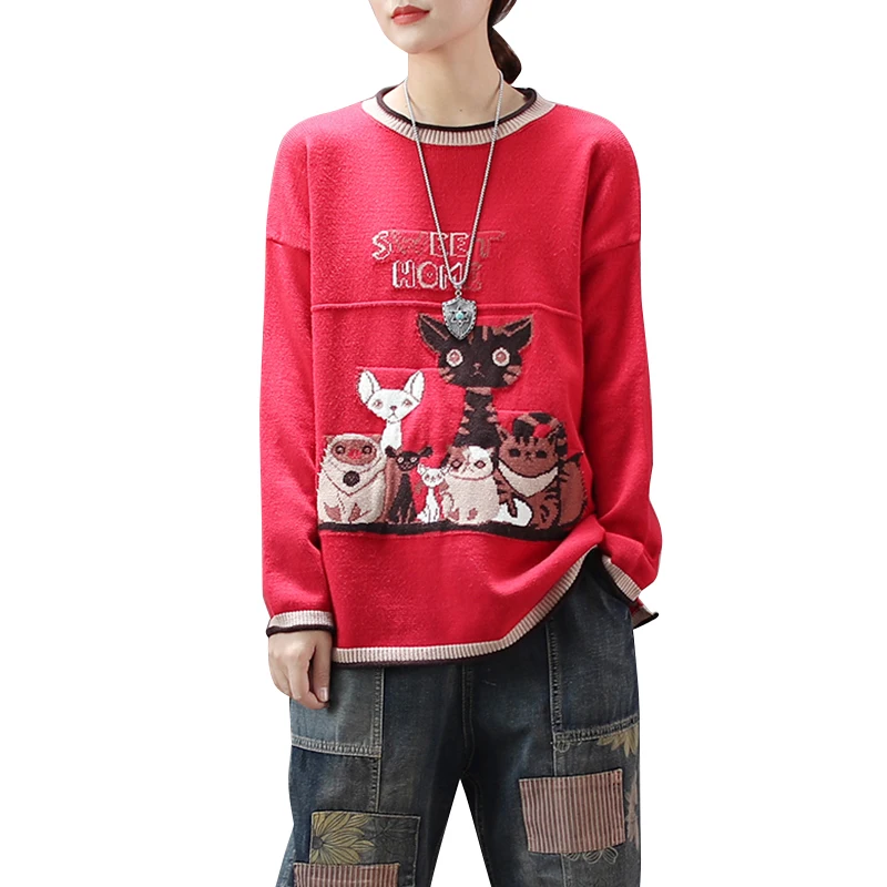 2019 осенне-зимний женский свитер тренд Стиль Повседневный с рисунком кота круглый