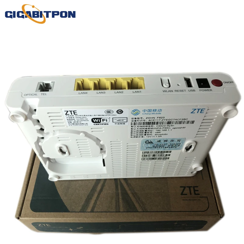 

Free shipping ZTE GPON SC UPC ONT ONU F623 with 1GE +3FE +1Voice +WIFI port modem with power supply and box