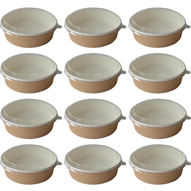 20pcs Large Disposable Kraft Paper Bowl Two-Color Food Packaging Container Packing Kitchen Accessories 30oz with Lid Reusable