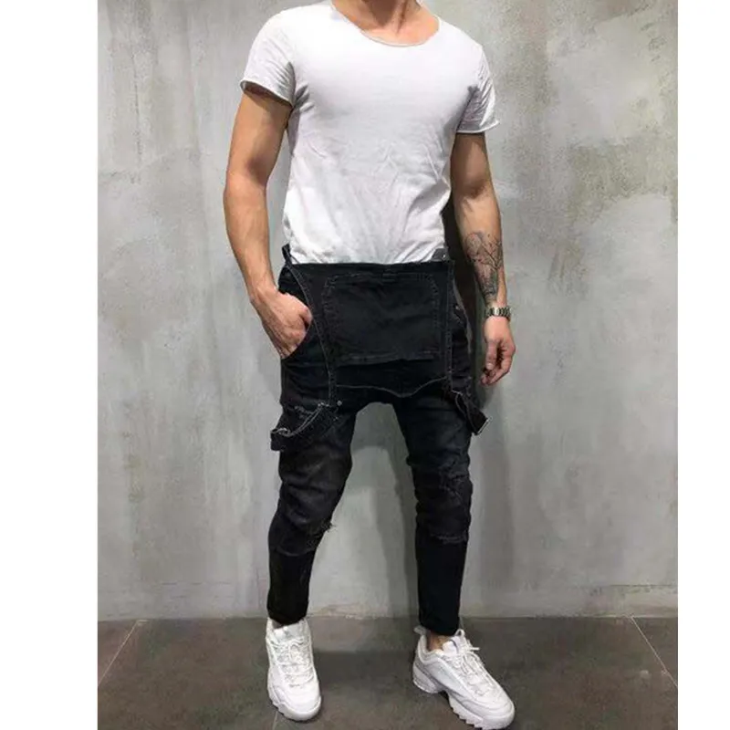 Men's Denim Ripped Overalls Washed Tight Trousers
