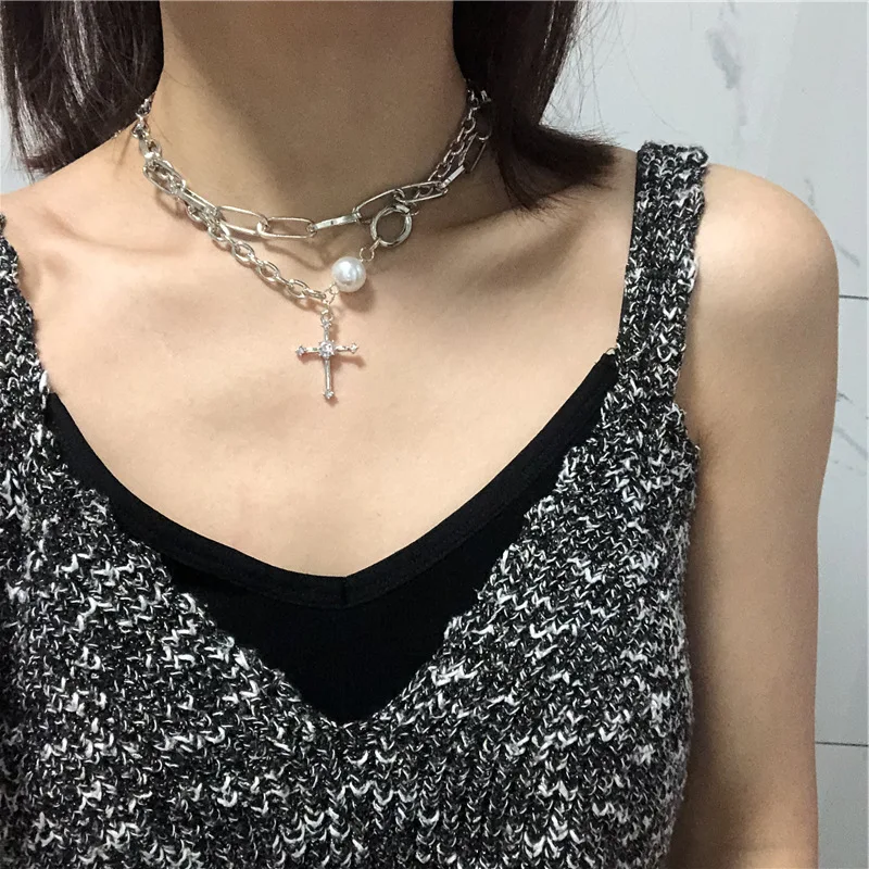 

New Summer Female Cross Pendants Necklace dropshipping Crystal Jesus Cross Pearl Pendant Chain Jewelry For Men/Women Wholesale