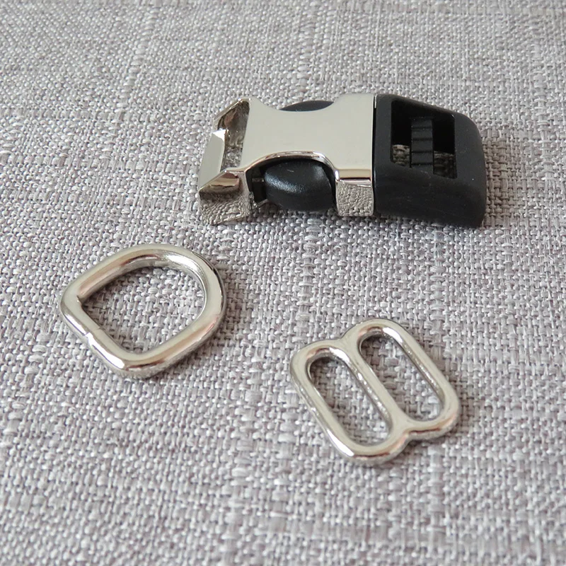 

50sets/lot 15mm ribbon metal D ring clasp belt buckle tri-glide webbing strap adjuster for pet dog collar sewing DIY accessories