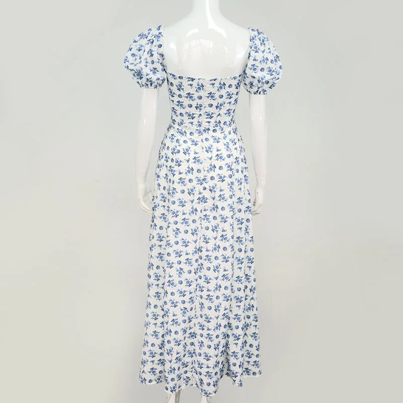 

2021 Vintage Floral Dress Women Summer Square Collar Puff Sleeve Long Dress Sexy Off Shoulder Side Split A-line Dress
