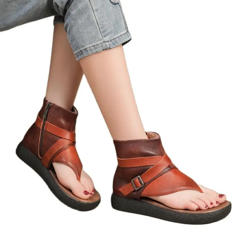 

6088-26 New Ladies Summer Shoes Herringbone Toe Clip Retro British Style Soft Flat Sole Cowhide Leather Women's Sandals