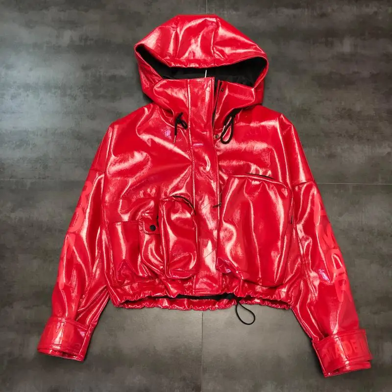 Модная глянцевая женская куртка из искусственной кожи с капюшоном дизайнерская