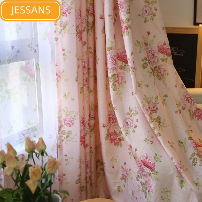 

Korean Style Curtains for Living Dining Room Bedroom Garden Orchid Semi-blackout Curtains Pink and Blue Curtains Are Available