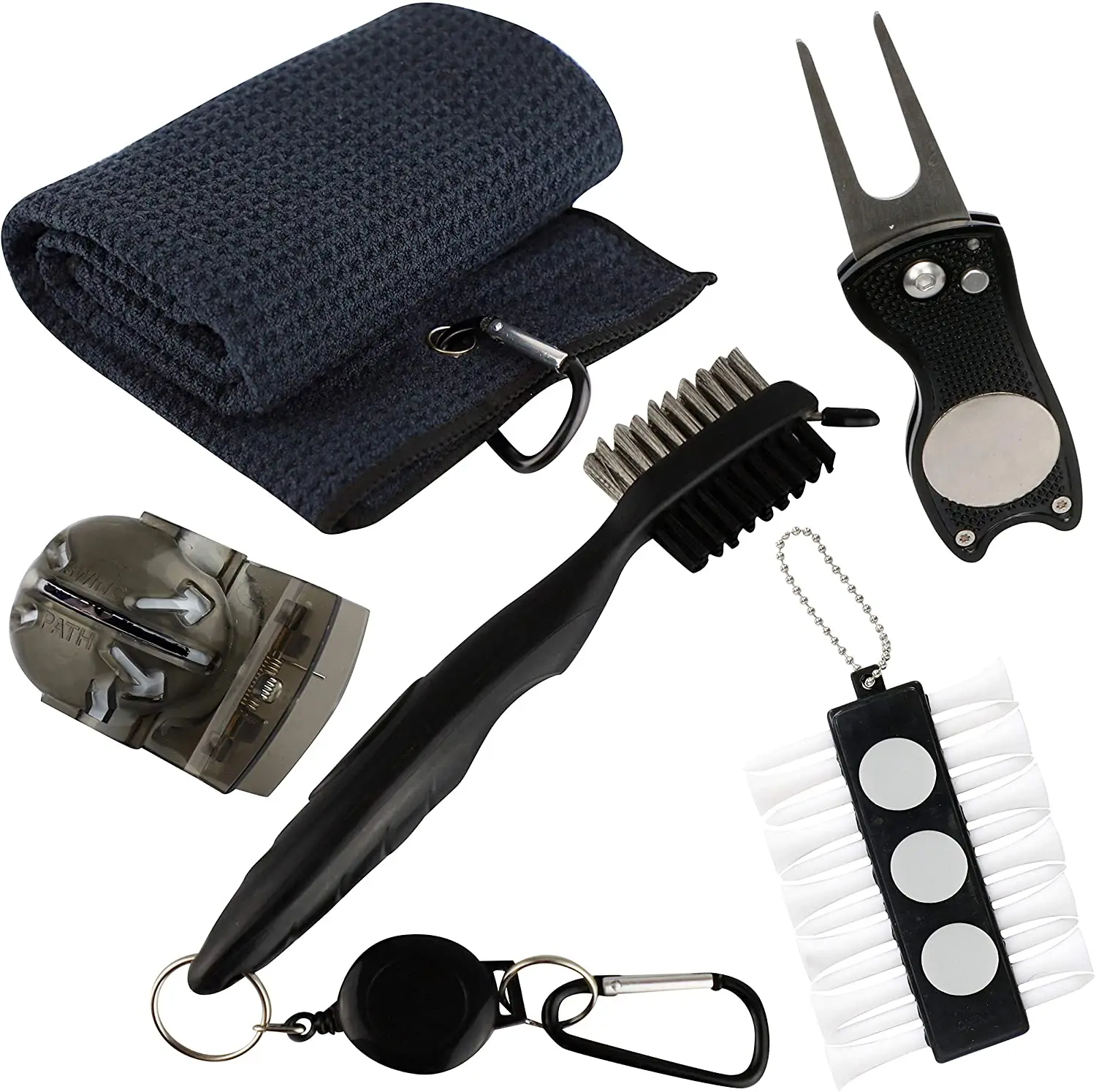 Golf Towel, Golf Club Brush with Groove Cleaner, Foldable Divot Repair Tool with Marker, Golf Tee Holder Training aids