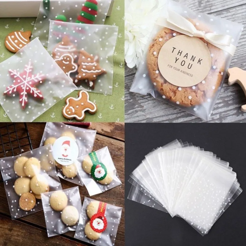 

100Pcs Transparent Polka Dot Plastic Cellophane With Self Sealing Glue DIY Cookies Candy Christmas Gift Bag Suitable For Parties