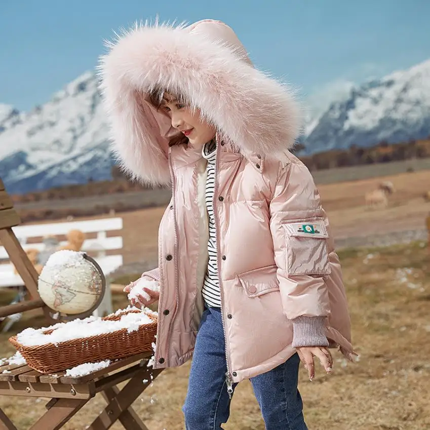 

Winter new girl big real fur collar down jacket children thicken 90% white duck down coats kids high quality outerwear WS1908