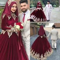 beautiful bugundy muslim velvet wedding dresses 2020 vintage long sleeves turkish indian wedding gown applique country bride