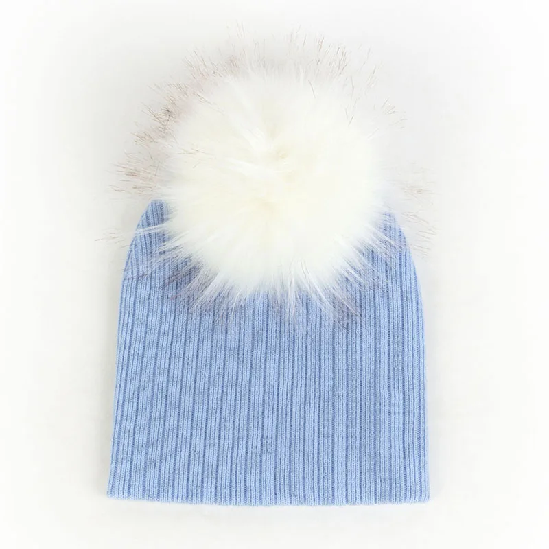 Light Blue22 Осенне-зимние теплые детские для младенцев ребристый головные уборы Skullies Beanies полосатые трикотажные утепленные шапки с помпоном унисекс, для новорожденных шапки - Цвет: Light Blue22