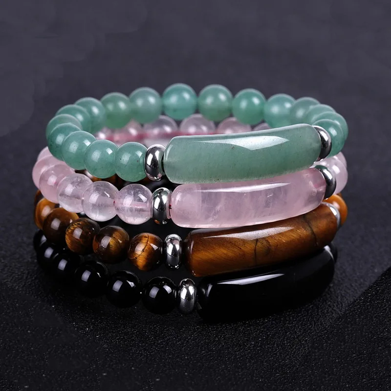 

Natural Stone Strand Bracelet 8mm Reiki Healing Pink Quartz Aventurine Agates Rose Crystal Rectangle Bar Charm Beaded Bracelets