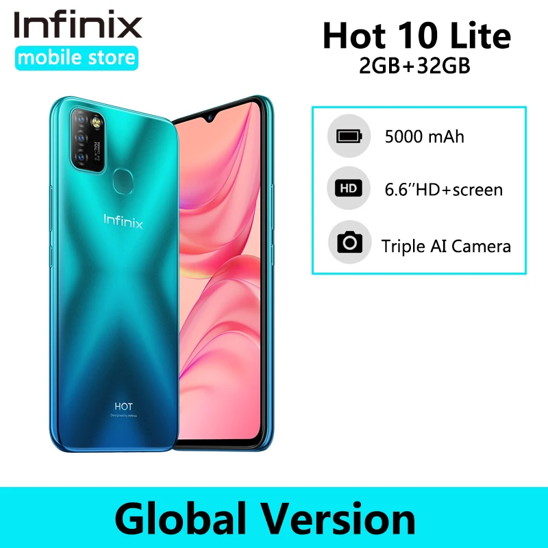 Глобальная версия Infinix Hot 10 Lite 2 ГБ 32 ГБ смартфон 6,6 дюйма HD 1600*720P аккумулятор 5000 мАч Helio A20 камера 13 МП - изображение
