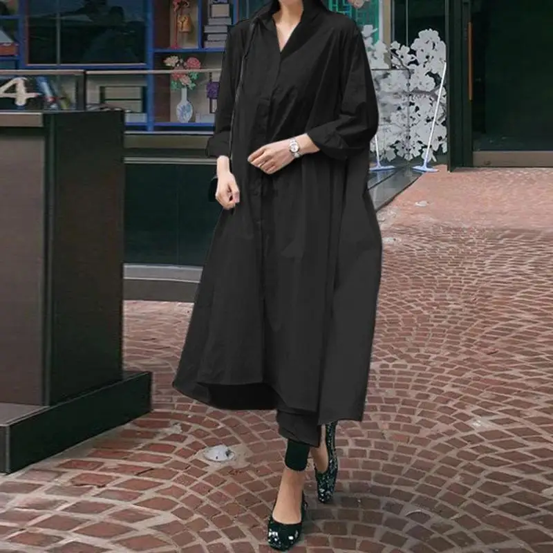 VONDA, женский сарафан, белое сексуальное платье, повседневное, свободное, с отложным воротником, асимметричное платье-рубашка, женское, с разрезом, вечерние, Vestidos 5XL