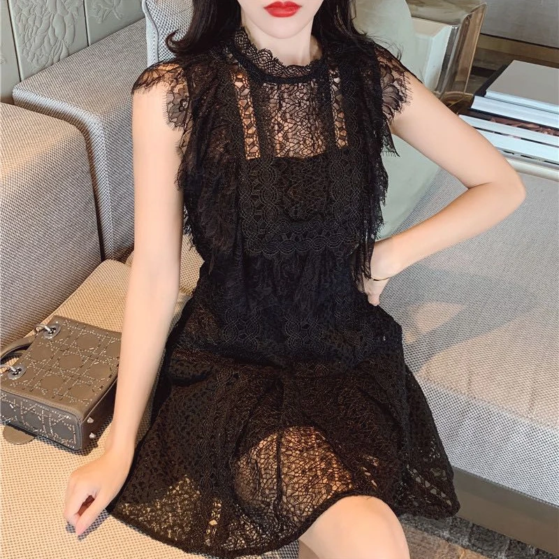 Женское кружевное платье без рукавов черное ажурное с оборками лето 2019|Женские