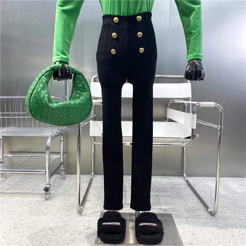 

New 2021Double Breasted High Waist Closed Belly Foot Pencil Pants With Plush Thickened Elastic Tight And Thin Boots And Trousers