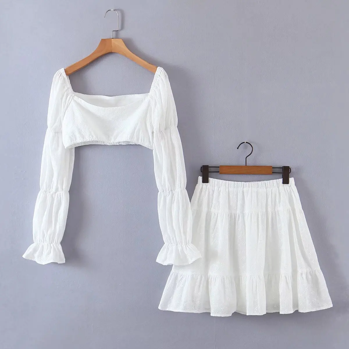 

summer beach white set women long sleeve crop top mini skirt set ruched ruffles embroidery blouse skirt set